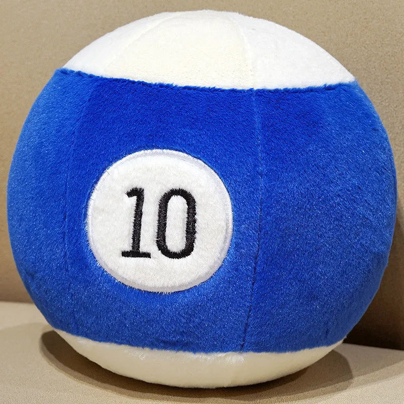 Billiard Ball Plush Set blue striped number 10 ball resting on a beige seat.