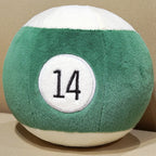 Billiard Ball Plush Set green striped number 14 ball resting on a beige seat.