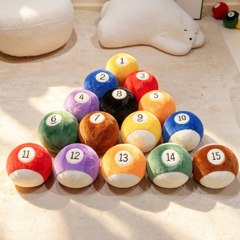 Billiard Ball Plush Set numbers 1–15 arranged in a triangle on a sunlit floor.