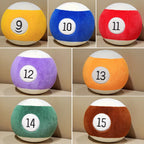 Billiard Ball Plush Set collage of striped balls 9–15 in yellow, blue, red, purple, orange, green, and brown.