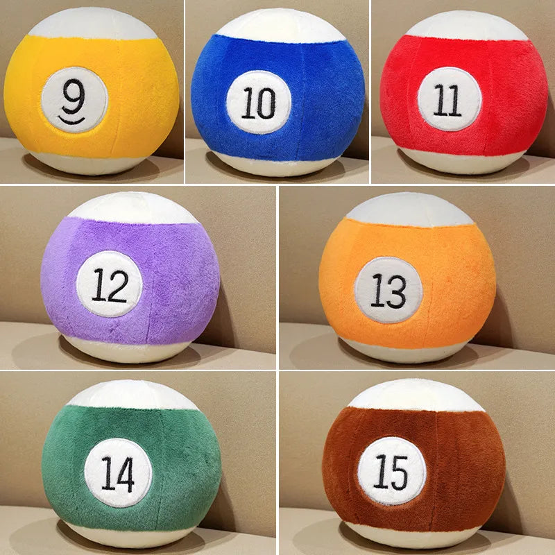 Billiard Ball Plush Set collage of striped balls 9–15 in yellow, blue, red, purple, orange, green, and brown.
