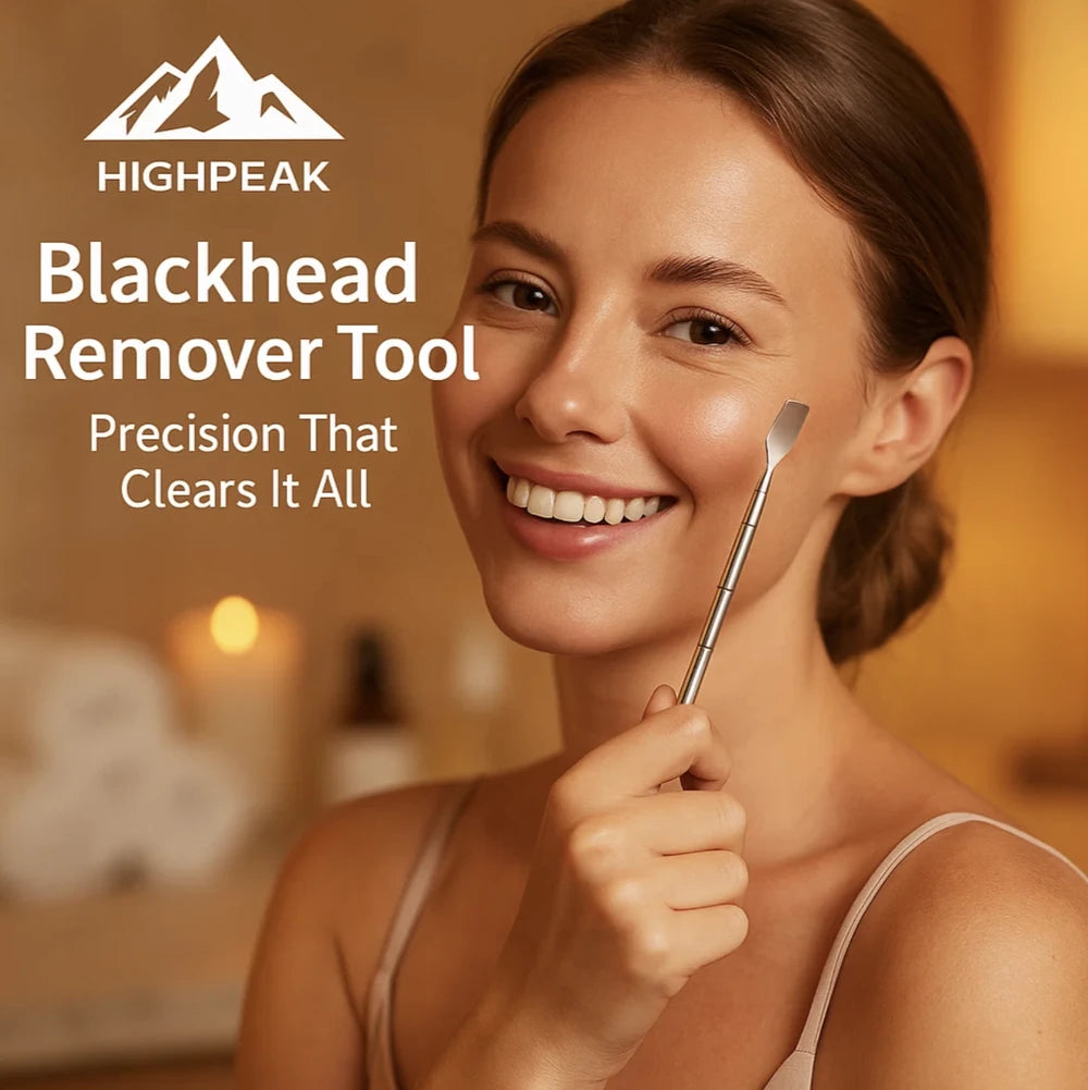 HighPeak Blackhead Remover Tool held by smiling woman with clear skin in warm, softly lit skincare setting.