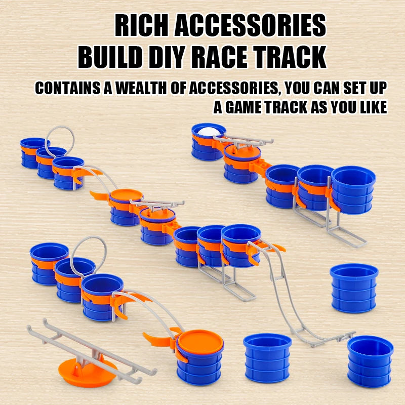 Blow Ball Race Game three course arrangements with blue cups, orange links, and gray obstacles