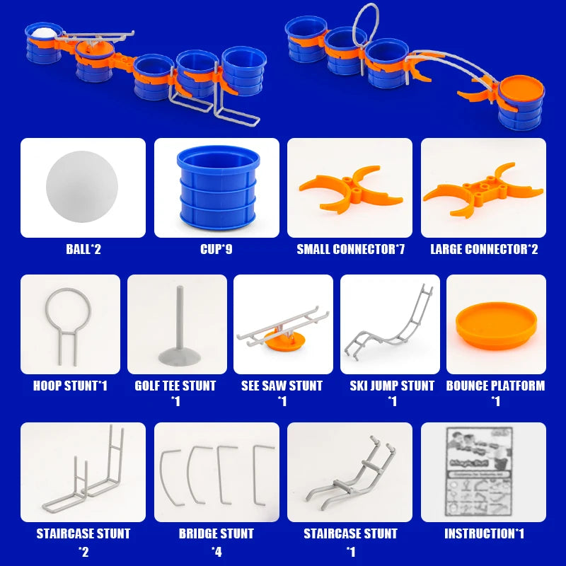 Blow Ball Race Game labeled component chart beneath two assembled obstacle course layouts
