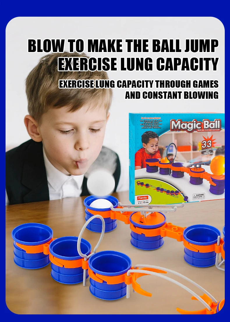 Blow Ball Race Game player demonstration beside the retail box and a connected tabletop course