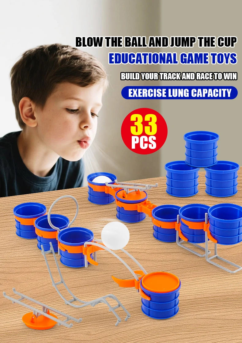 Blow Ball Race Game portrait gameplay scene with assembled blue and orange course and spare cups