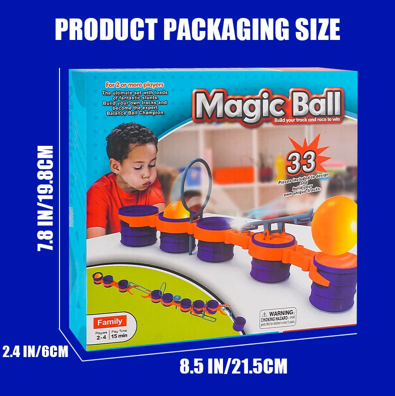 Blow Ball Race Game retail box dimension guide showing 21.5 cm width, 19.8 cm height, and 6 cm depth