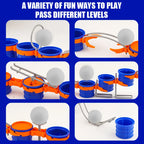 Blow Ball Race Game six close-up views of the hoop, bridge, seesaw, raised cups, stand, and ramp