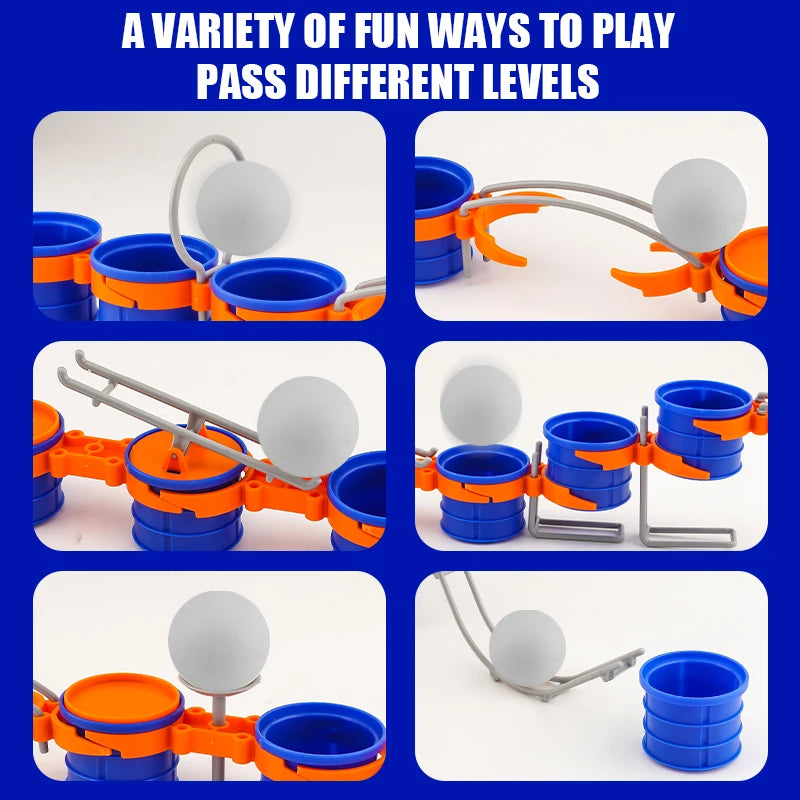 Blow Ball Race Game six close-up views of the hoop, bridge, seesaw, raised cups, stand, and ramp