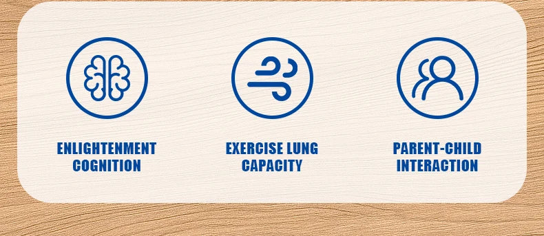 Blow Ball Race Game supplier graphic with brain, blowing-air, and parent-child interaction icons