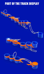 Blow Ball Race Game three assembled track configurations with hoop, bridge, seesaw, and ramp sections
