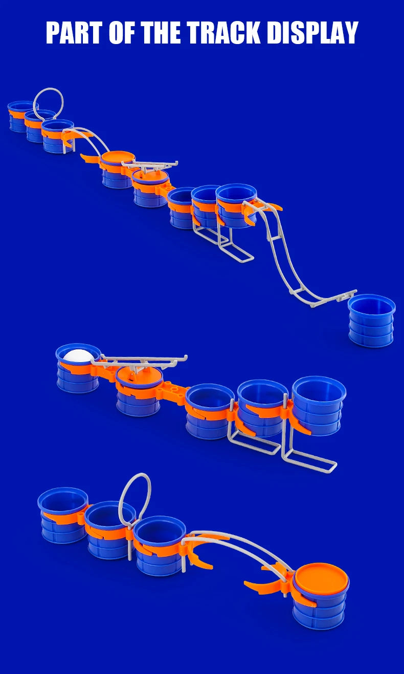 Blow Ball Race Game three assembled track configurations with hoop, bridge, seesaw, and ramp sections