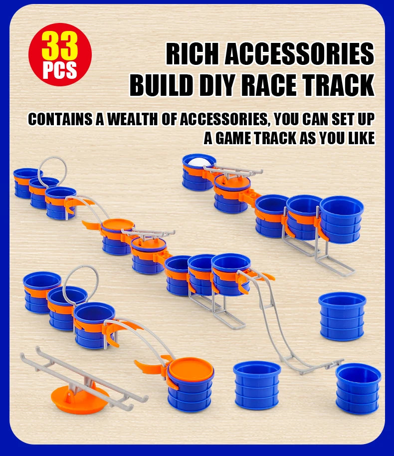 Blow Ball Race Game portrait layout showing three assembled courses and separate accessory pieces