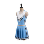 Blue Cheerleader Costume angled view showing striped sides, sleeveless top and pleated skirt