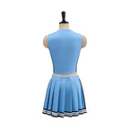 Blue Cheerleader Costume back view showing plain blue top and gathered rear skirt waistband