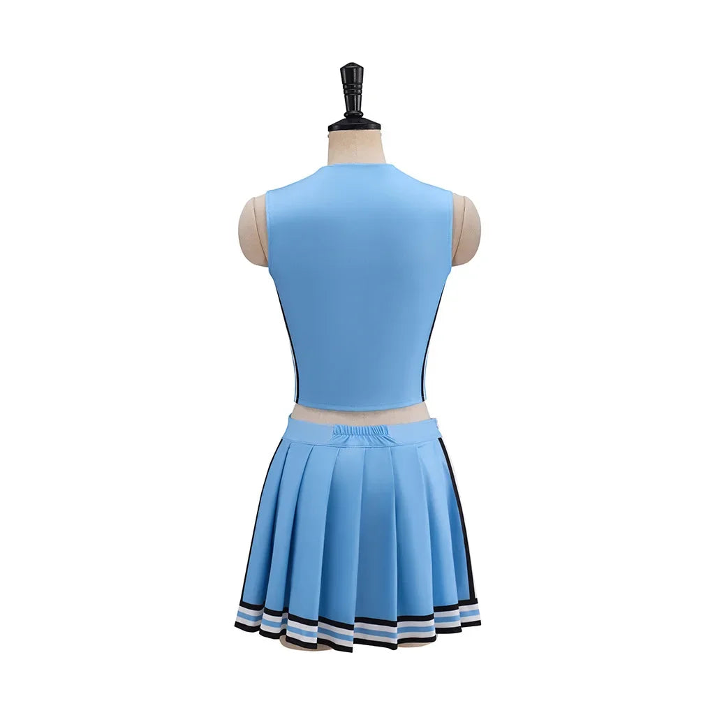 Blue Cheerleader Costume back view showing plain blue top and gathered rear skirt waistband