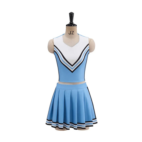 Blue Cheerleader Costume front view with white chevron top and blue pleated skirt on a mannequin