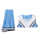 Blue Cheerleader Costume separate top and skirt showing V-neck trim, pleats and striped hem