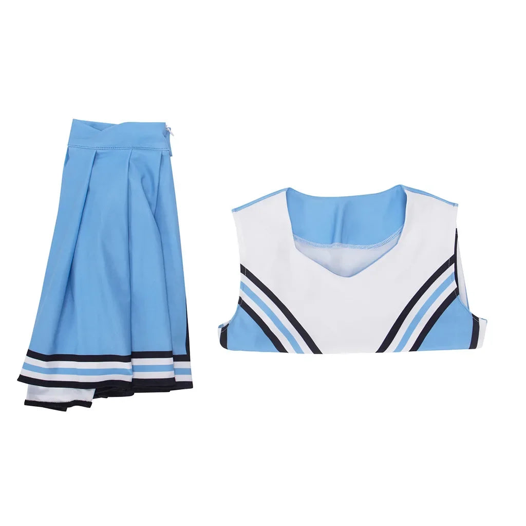 Blue Cheerleader Costume separate top and skirt showing V-neck trim, pleats and striped hem