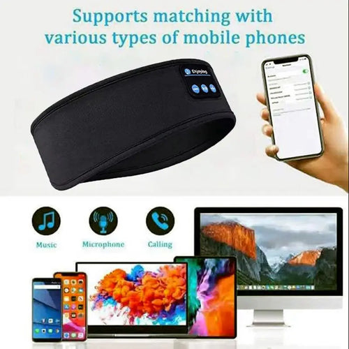 Black Bluetooth Sleep Headband beside phone and computer devices with music, microphone, and calling icons
