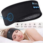 Black Bluetooth Sleep Headband and sleeping lifestyle view with rechargeable, washable, microphone, and USB icons