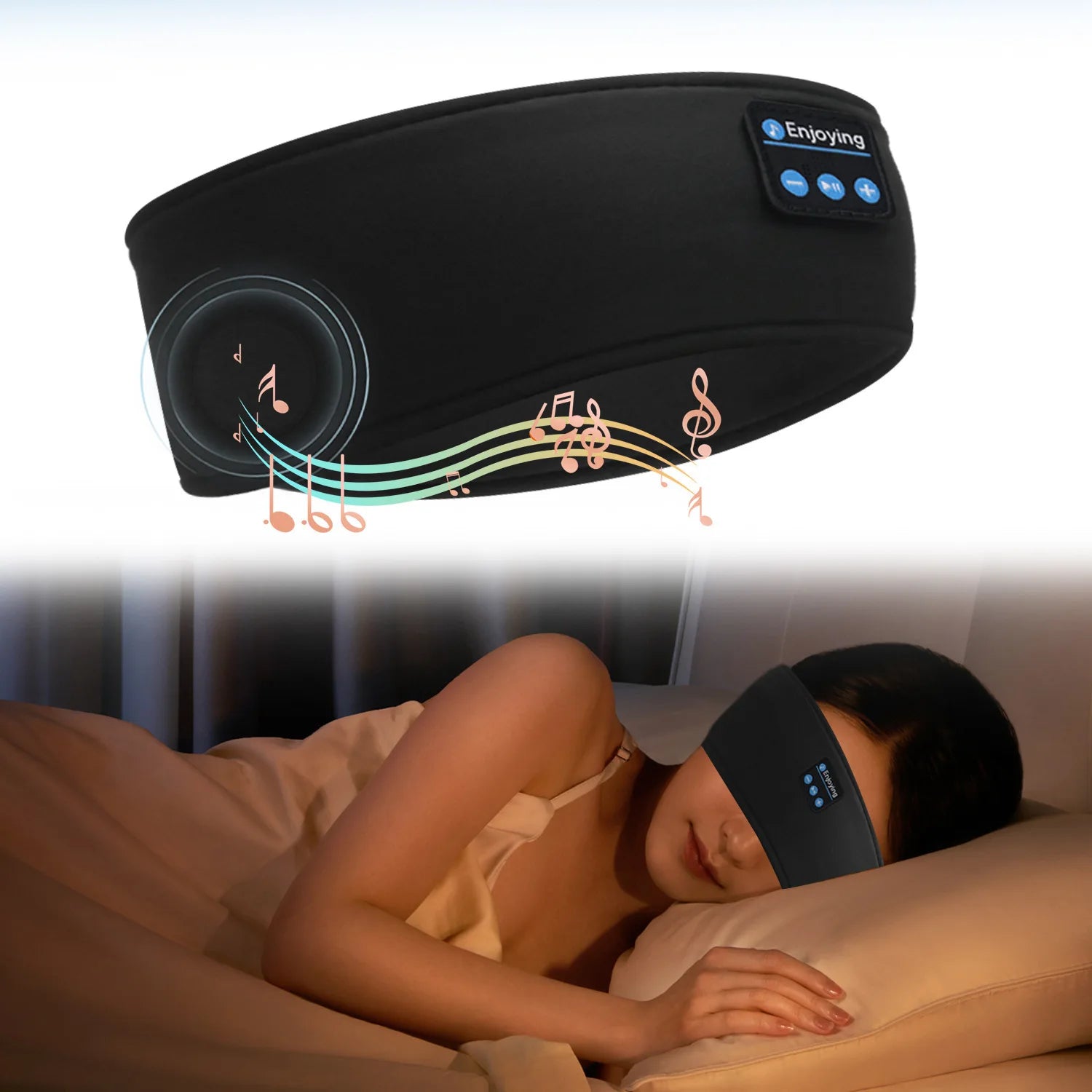 Side sleeper wearing the black Bluetooth Sleep Headband with a visual highlighting the built-in speaker