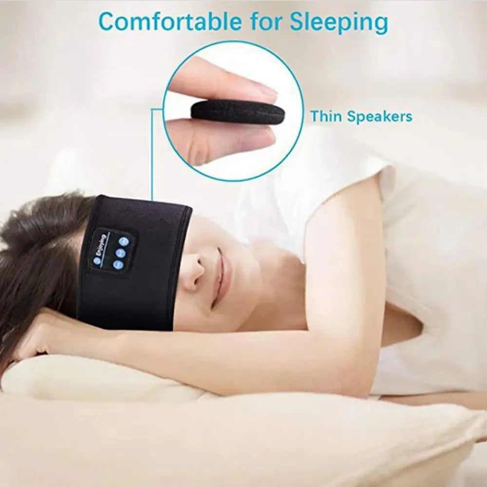 Woman wearing black Bluetooth Sleep Headband in bed with close-up of the slim internal speaker