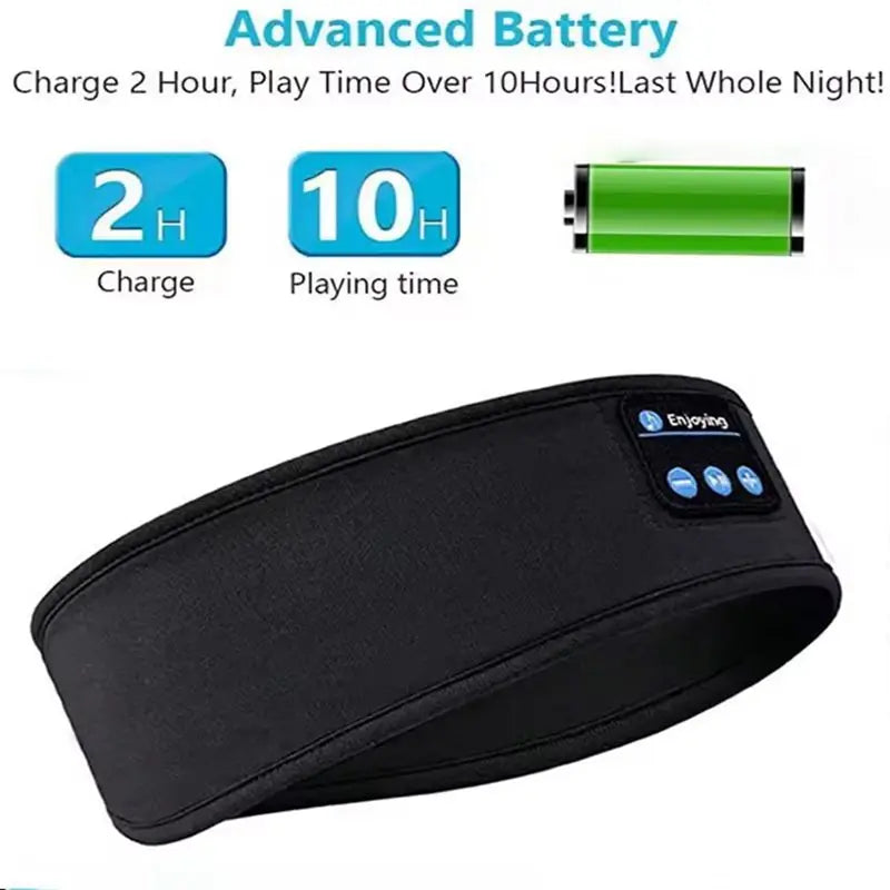 Black Bluetooth Sleep Headband battery graphic showing a two-hour charge and more than 10 hours of playtime