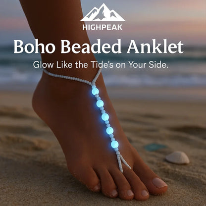 HighPeak Boho Beaded Anklet glowing with blue resin beads on foot at beach during sunset, adjustable and handmade design
