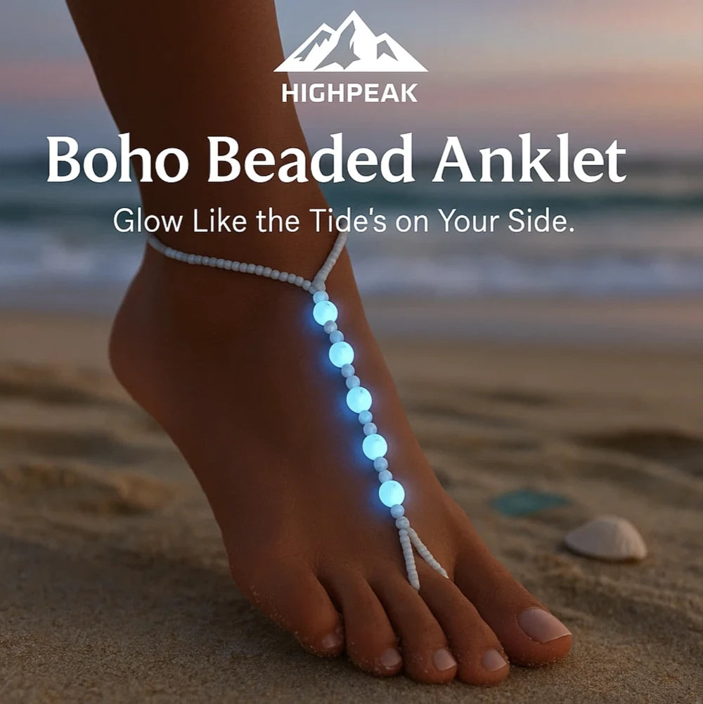 HighPeak Boho Beaded Anklet glowing blue on a foot at the beach during sunset, adjustable and handmade design