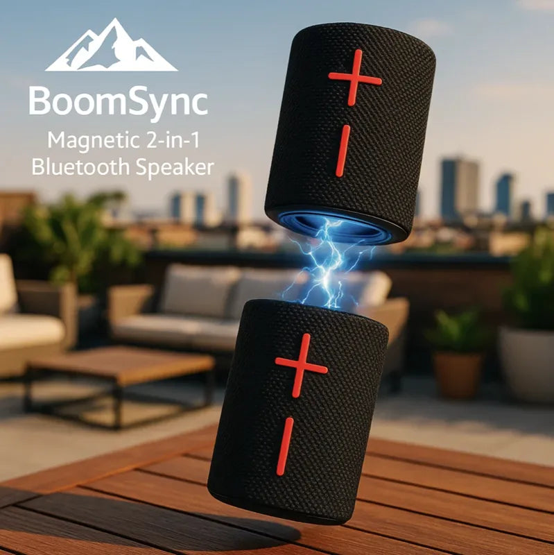 BoomSync Magnetic 2-in-1 Bluetooth Speaker in black with red buttons levitating above a wooden table outdoors