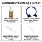 Brass Instrument Cleaning Kit component guide identifying valve oil, snake, valve casing and mouthpiece brushes.
