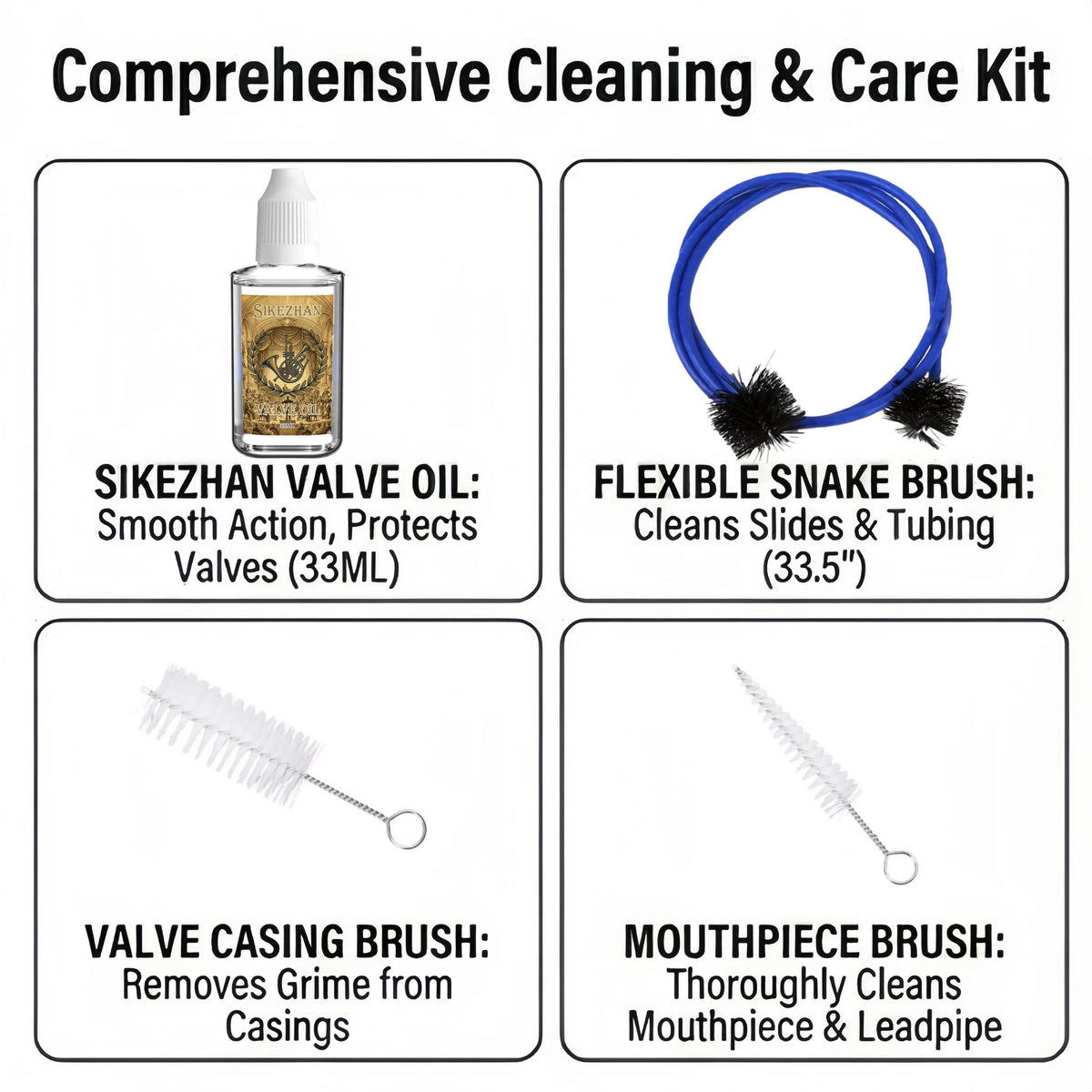 Brass Instrument Cleaning Kit component guide identifying valve oil, snake, valve casing and mouthpiece brushes.