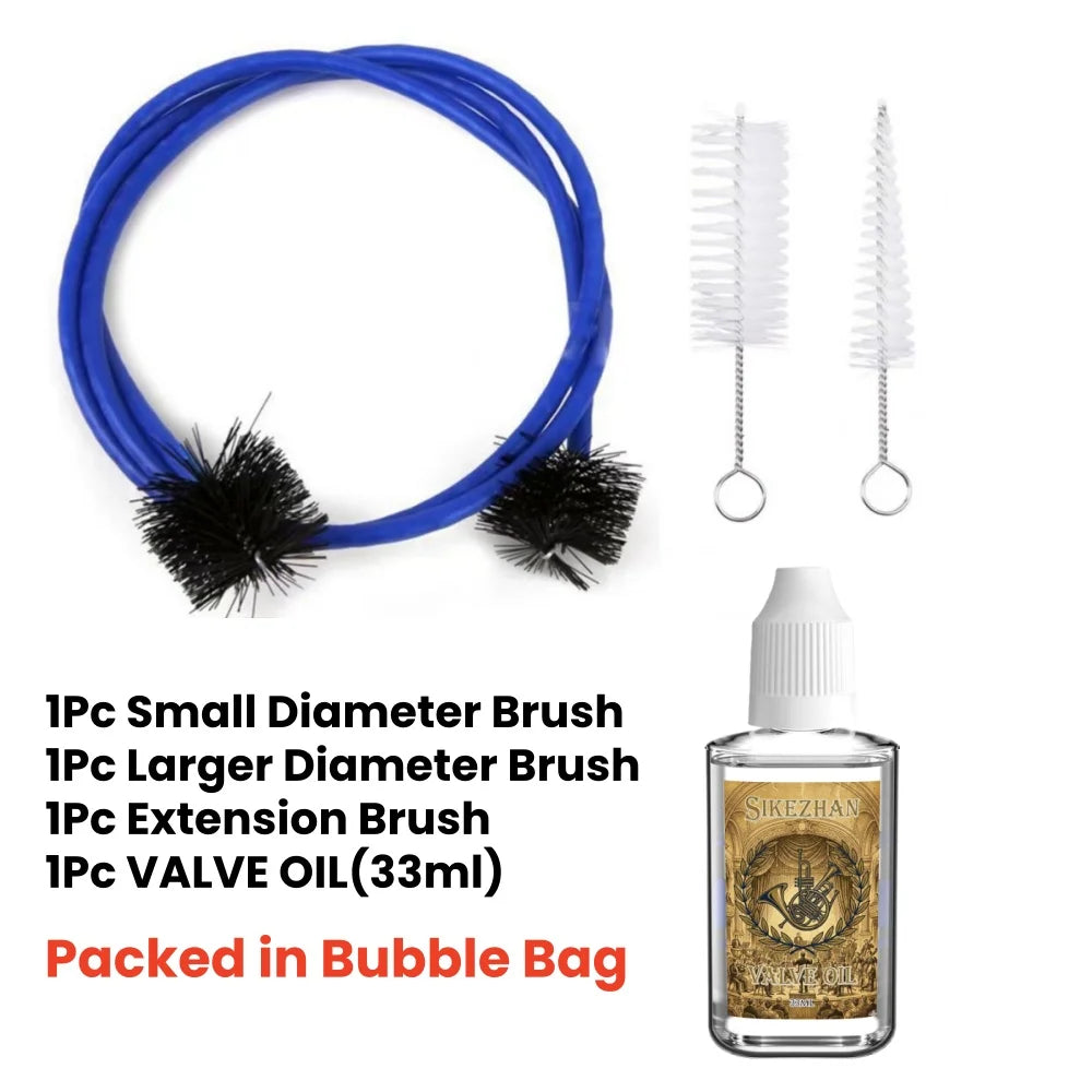 Brass Instrument Cleaning Kit Full Set with valve oil, blue snake brush and two white cleaning brushes.