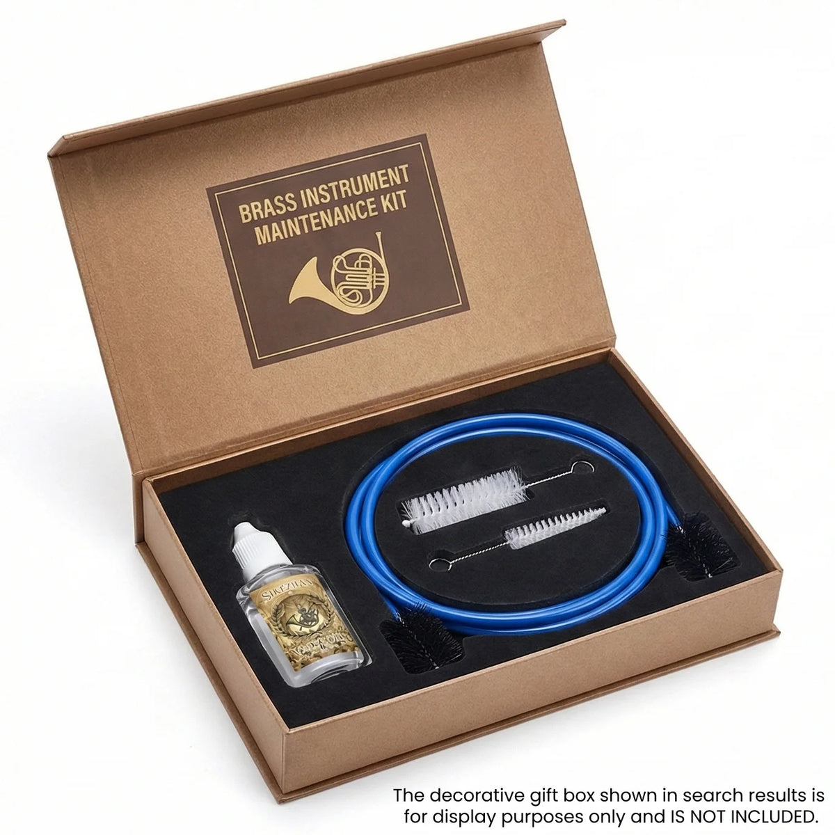 Brass Instrument Cleaning Kit oil and brushes in a presentation box marked as display-only packaging.