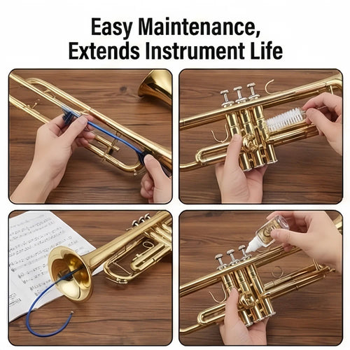 Brass Instrument Cleaning Kit trumpet maintenance collage featuring cleaning brushes and an oil bottle.