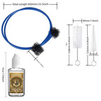 Brass Instrument Cleaning Kit dimensions overview showing the long blue snake, white brushes and valve oil.