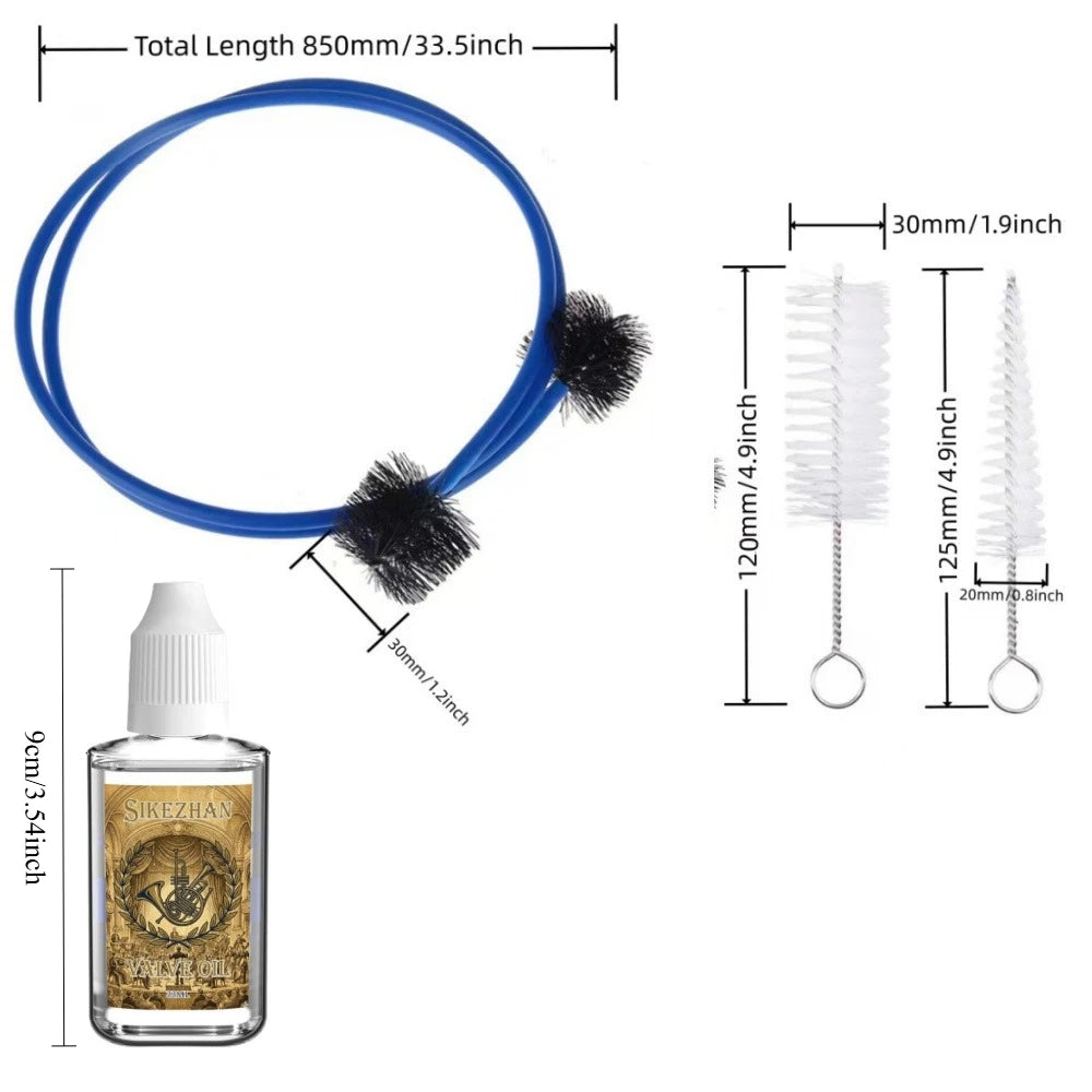 Brass Instrument Cleaning Kit dimensions overview showing the long blue snake, white brushes and valve oil.