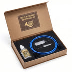 Brass Instrument Cleaning Kit brushes and oil arranged in a decorative box that is not included.