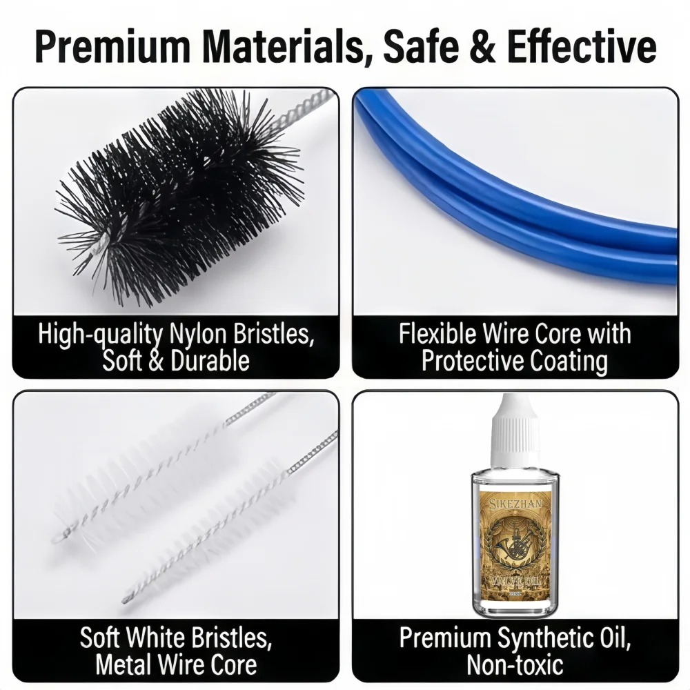Brass Instrument Cleaning Kit detail collage of black and white bristles, blue coating and oil bottle.