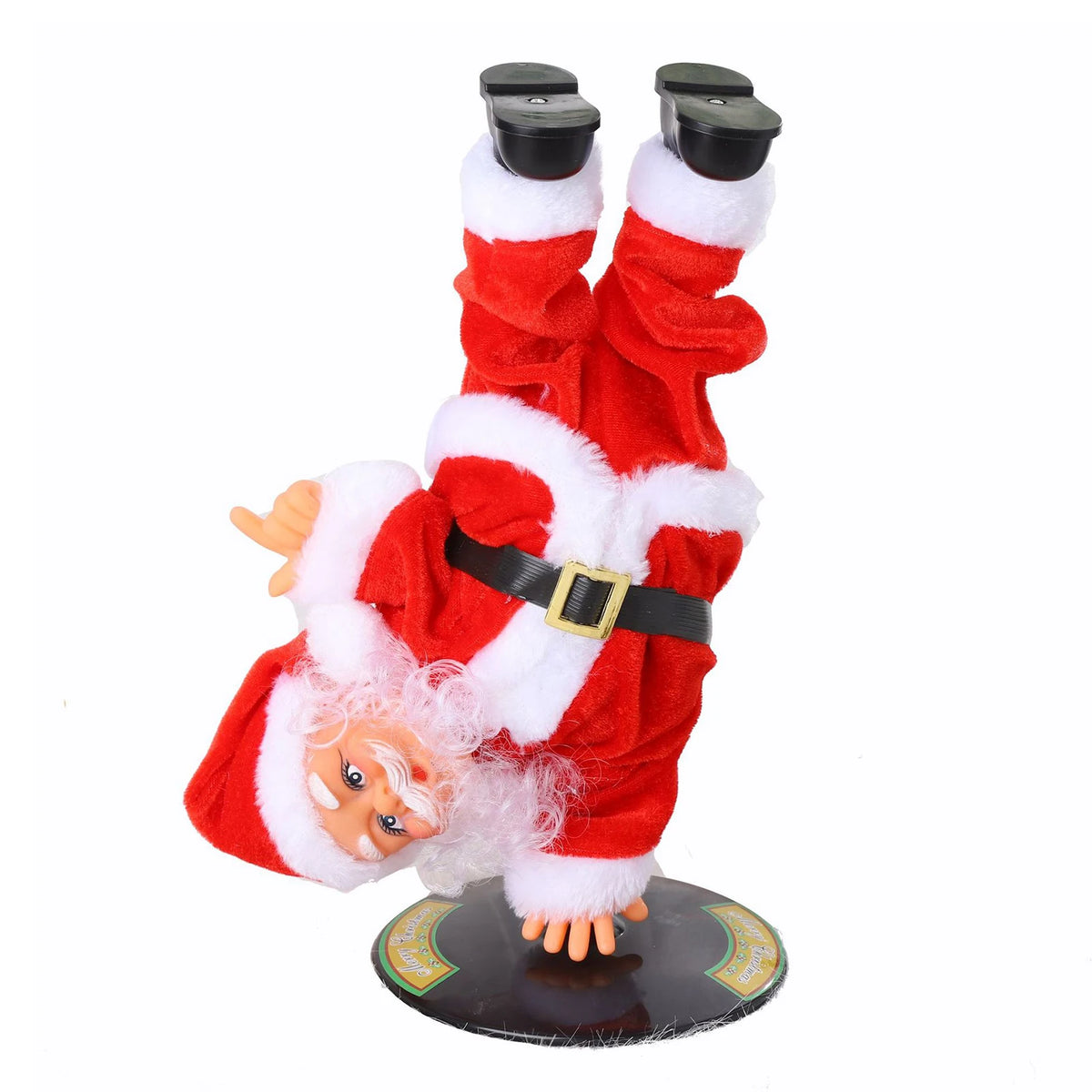 Breakdancing Santa Toy Handstand variant balancing on one hand above a round black base.
