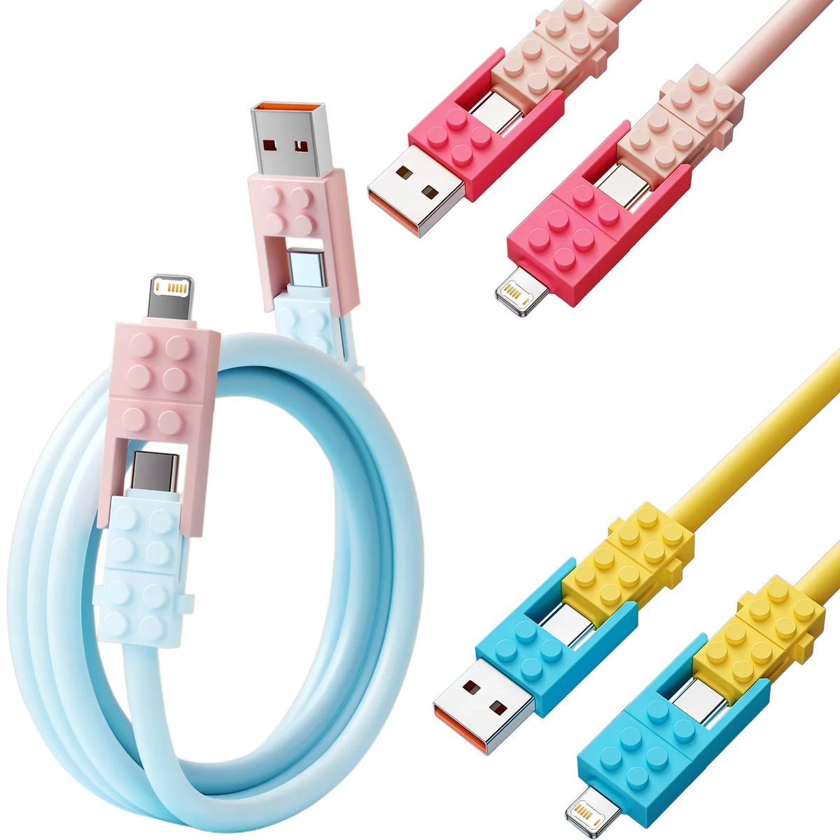 Building Block Charging Cable pale blue coil alongside pink and yellow connector close-ups