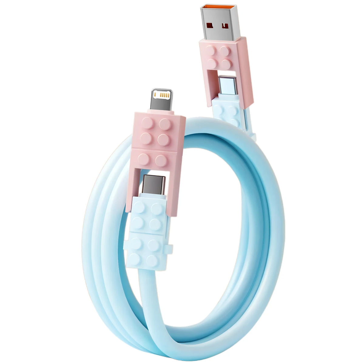 Building Block Charging Cable in pale blue with pink block-style adapters and coiled cable