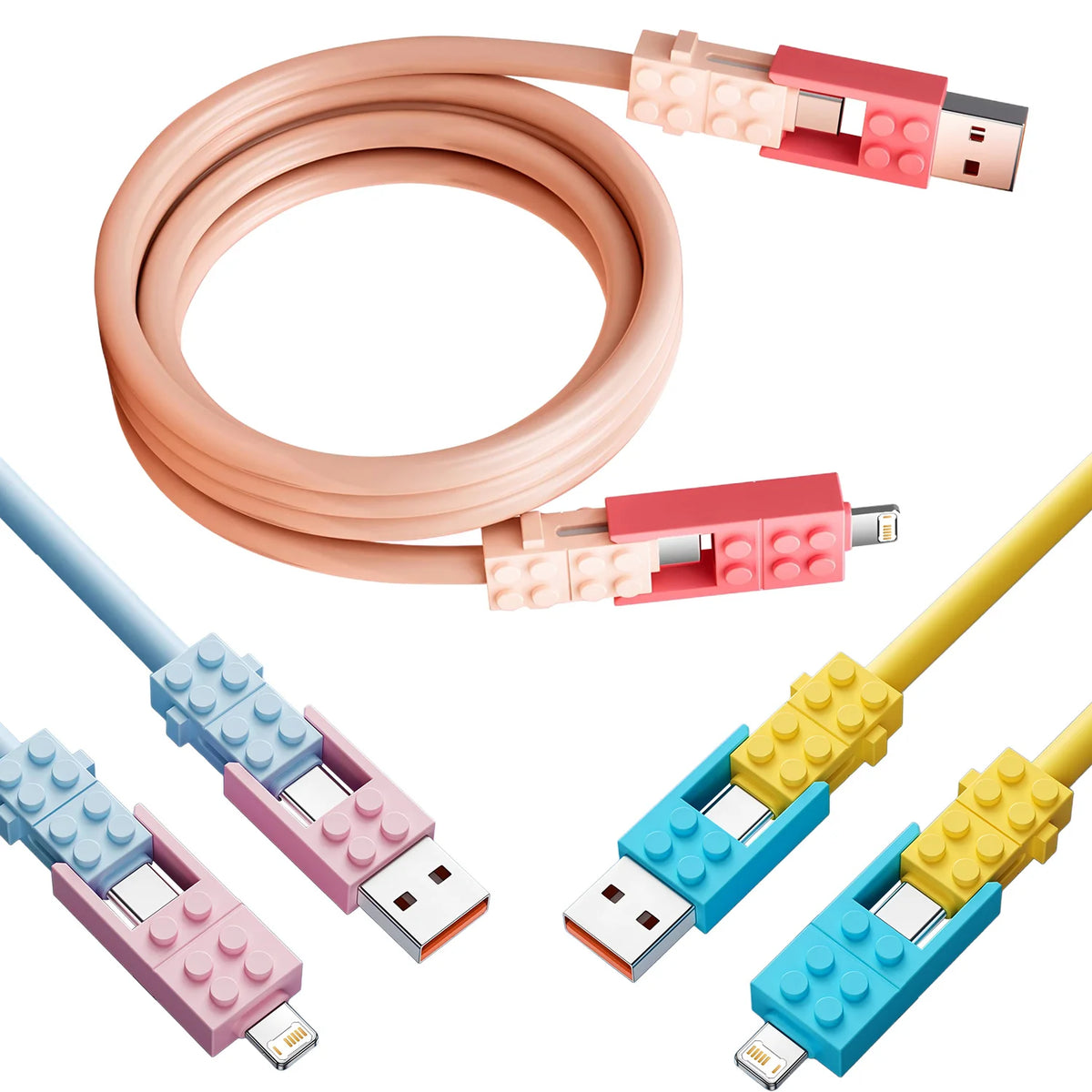 Building Block Charging Cable pink coil above pale blue and yellow connector close-ups