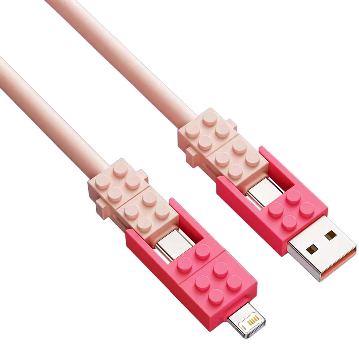 Building Block Charging Cable close-up of pink and coral housings with USB-A, USB-C and Lightning connectors