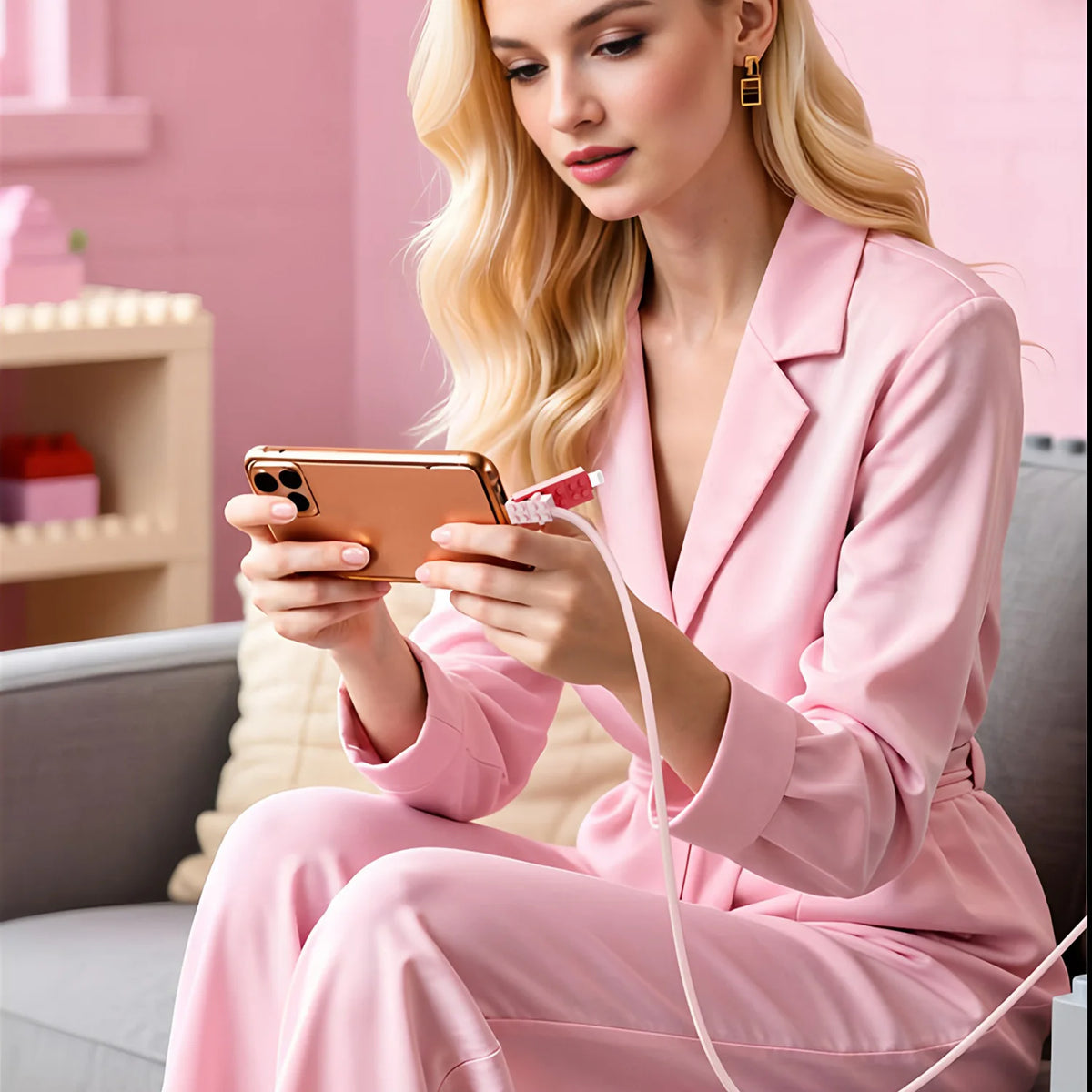 Building Block Charging Cable in pink beside a handheld phone in a pink living-room setting