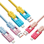 Building Block Charging Cable connector close-ups in yellow, pale blue and pink color combinations