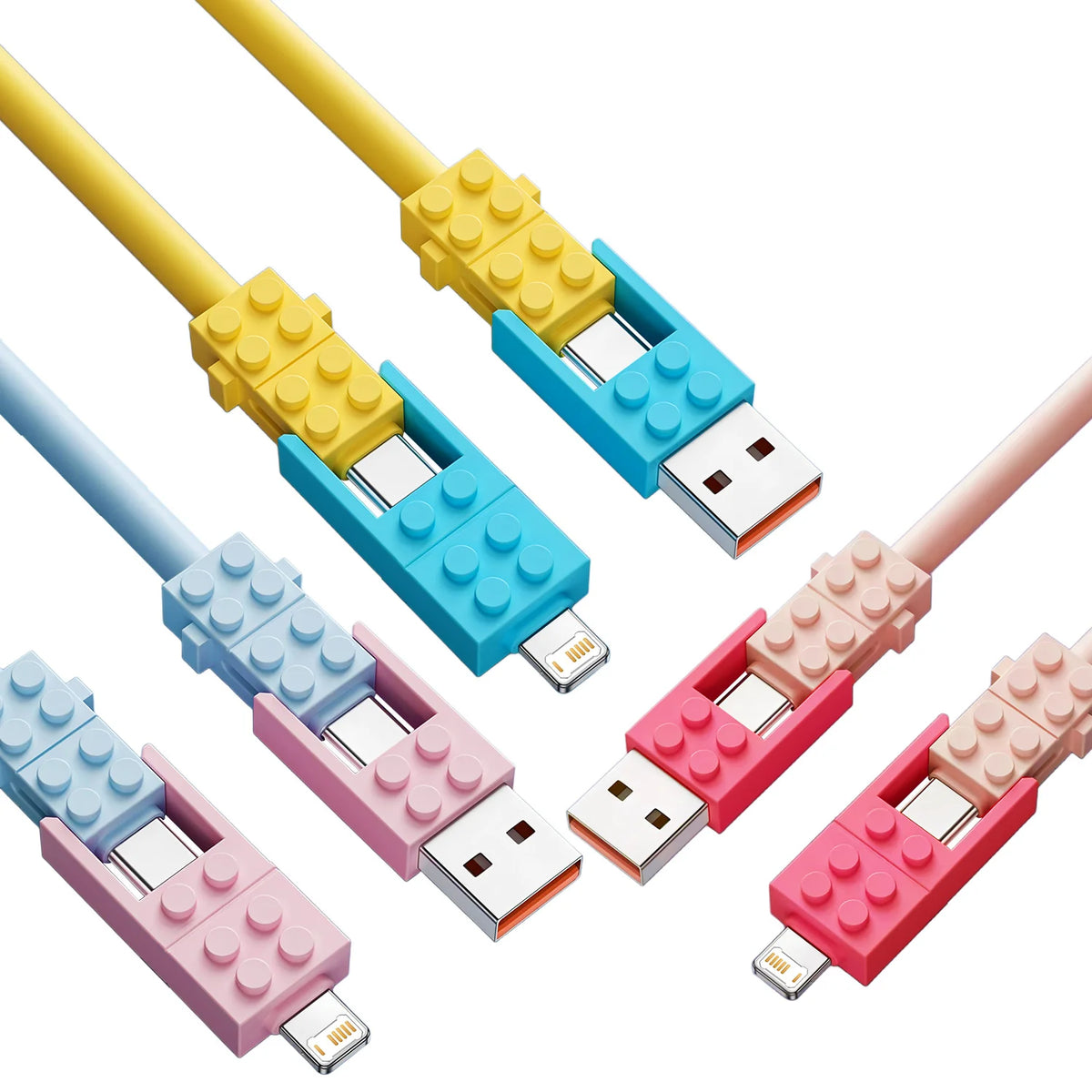 Building Block Charging Cable connector close-ups in yellow, pale blue and pink color combinations