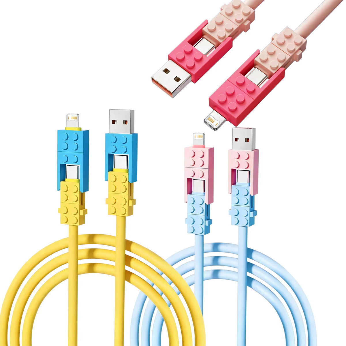 Building Block Charging Cable in yellow and pale blue with a pink connector detail above