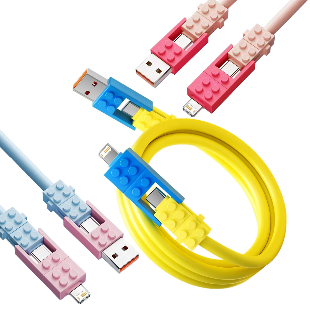 Building Block Charging Cable yellow coil alongside pink and pale blue connector close-ups